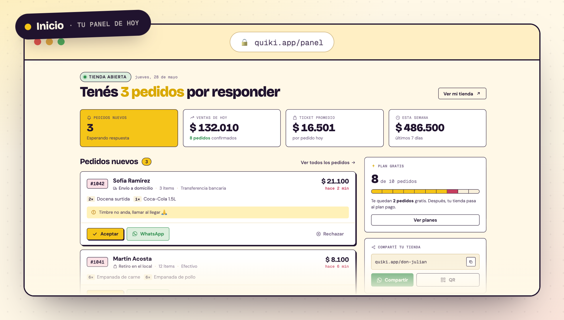 Panel de Quiki: pantalla Inicio con los pedidos nuevos del día, las ventas y la cola para aceptar